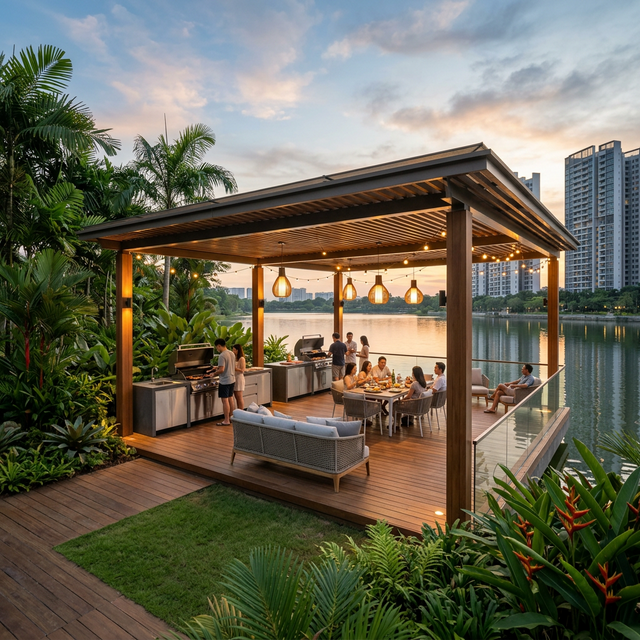BBQ pavilion with waterfront view of Tengah Pond at sunset