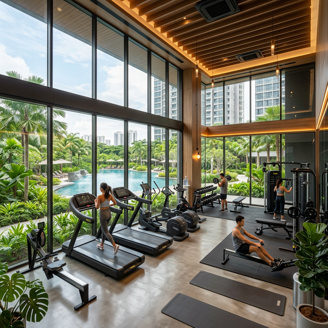 Modern gymnasium with floor-to-ceiling windows overlooking gardens