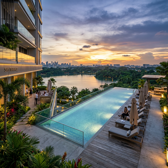 Sky terrace infinity pool at dusk overlooking Tengah Pond